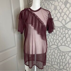 Nastygal Size 6 Burgundy Sheer Dot Ruffle Short Sleeve Blouse.